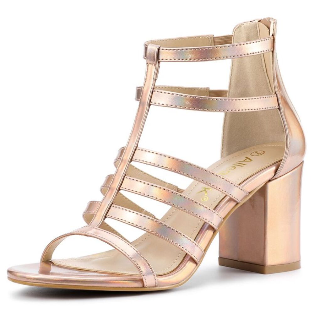Women's Cage Strappy Gladiators Chunky Heels Gradient Rose Gold Sandals